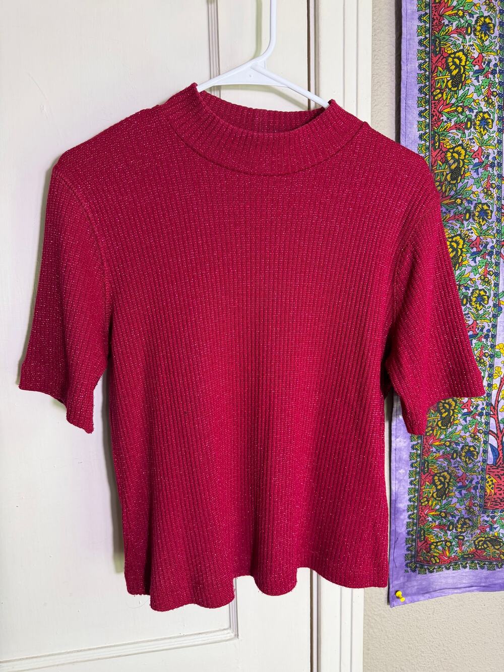 Xhilaration L Red Metallic Ribbed Knit Mock Neck Short Sleeve Sweater Top